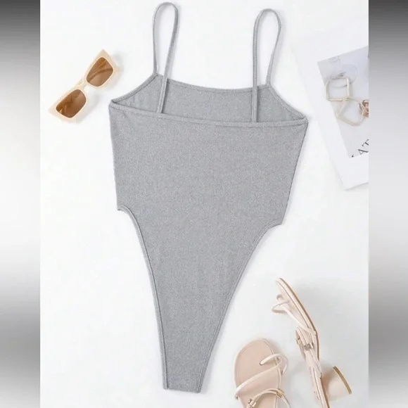 Grey Ribbed High-Cut Bodysuit - Picture 2 of 3